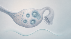 Illustrated ovary with follicles and subtle sleepwave motif representing sleep after oocyte retrieval