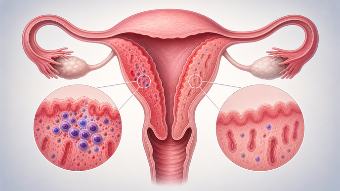 Simplified uterus showing chronic endometritis with inflammatory plasma cells in the endometrial lining