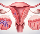 Simplified uterus showing chronic endometritis with inflammatory plasma cells in the endometrial lining