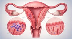 Simplified uterus showing chronic endometritis with inflammatory plasma cells in the endometrial lining